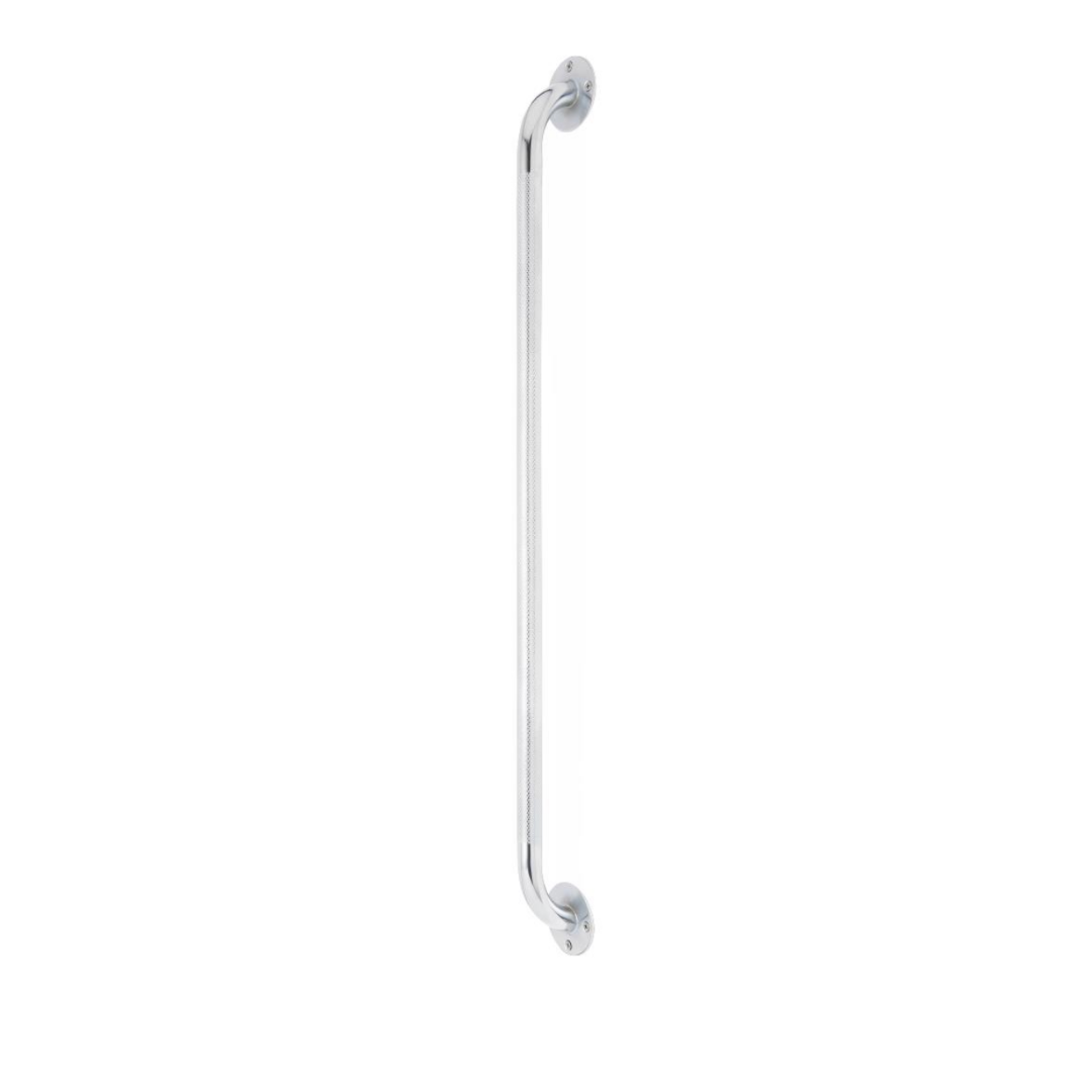 The Medline Knurled Chrome Grab Bars are silver, steel, non-slip support bars designed for bathroom safety and fall prevention; shown mounted vertically against a white background.